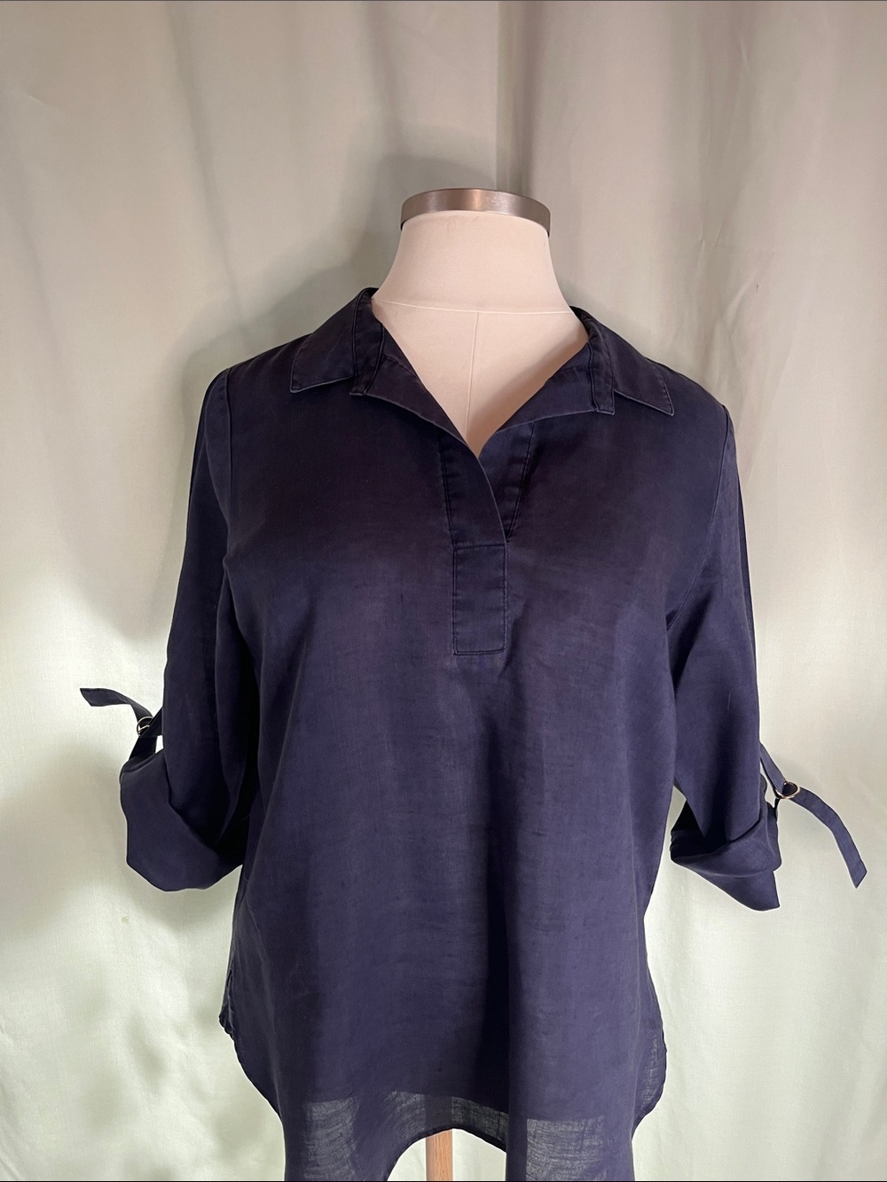 August Silk 100% Linen Navy Roll-Tab Collared Blouse
